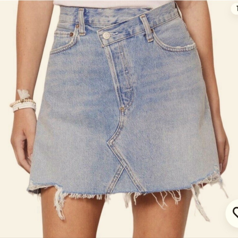 AGOLDE Criss Cross Skirt Womens 32 Blue Denim Distressed Raw Hem Mini High Rise - Picture 2 of 9